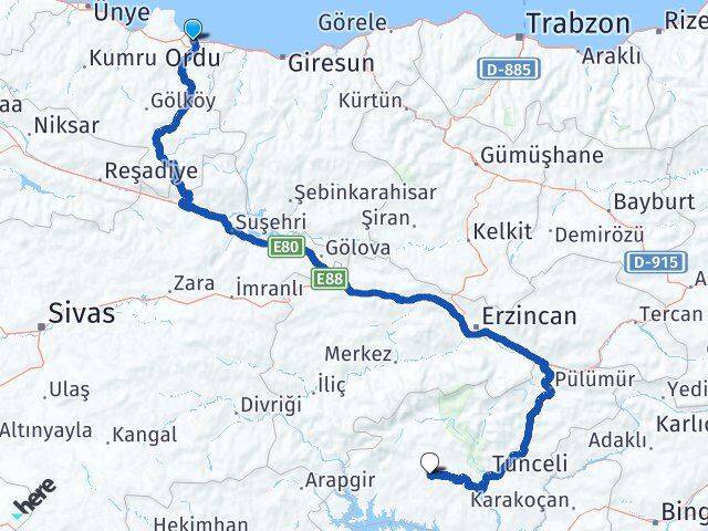 Ordu Hozat Tunceli Arası Kaç Km - Yol Haritası