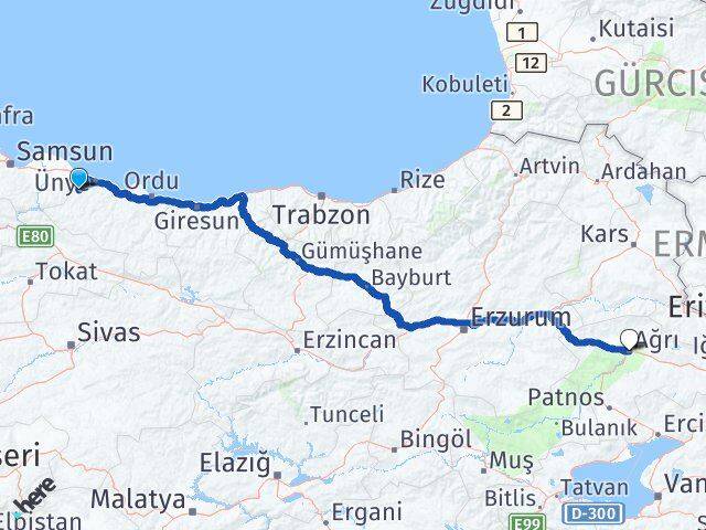 Ordu İkizce Ağrı Arası Kaç Km - Yol Haritası