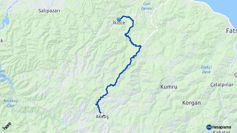 Ordu İkizce Akkuş Arası Kaç Km - Yol Haritası
