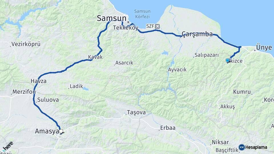 Ordu İkizce Amasya Arası Kaç Km - Yol Haritası