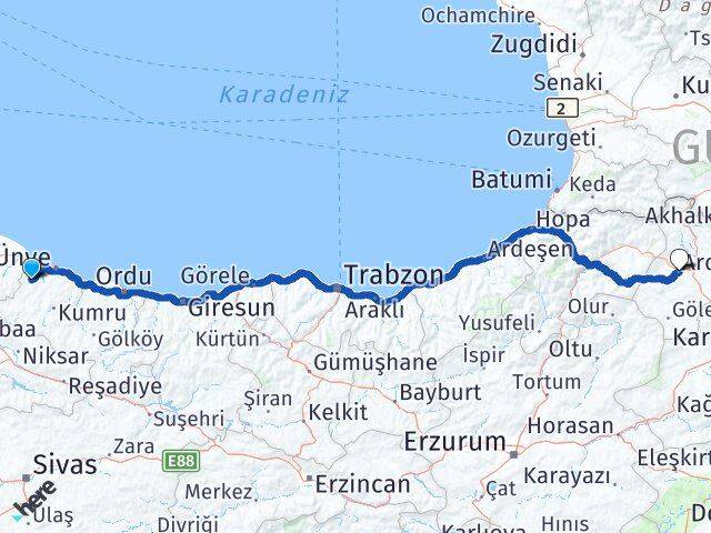 Ordu İkizce Ardahan Arası Kaç Km - Yol Haritası