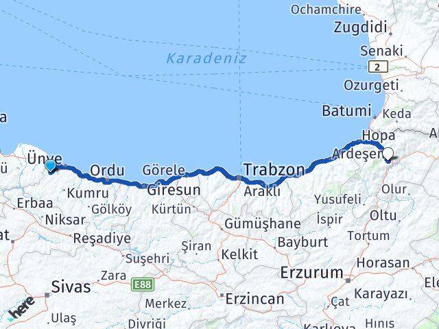Ordu İkizce Artvin Arası Kaç Km - Yol Haritası