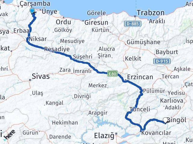 Ordu İkizce Bingöl Arası Kaç Km - Yol Haritası