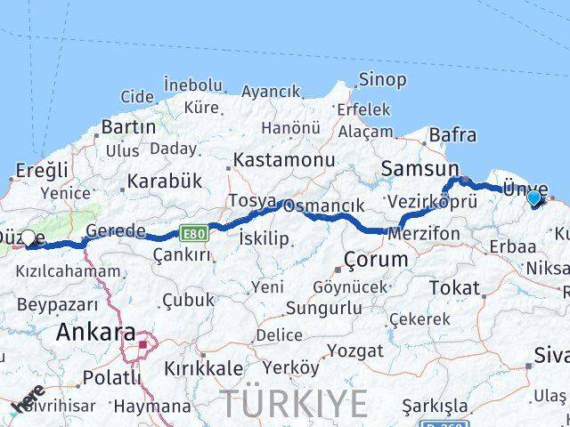 Ordu İkizce Bolu Arası Kaç Km - Yol Haritası