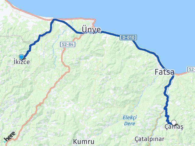 Ordu İkizce Çamaş Arası Kaç Km - Yol Haritası