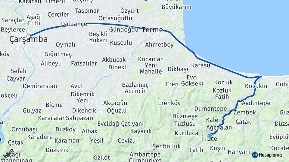 Ordu İkizce Çarşamba Samsun Arası Kaç Km - Yol Haritası
