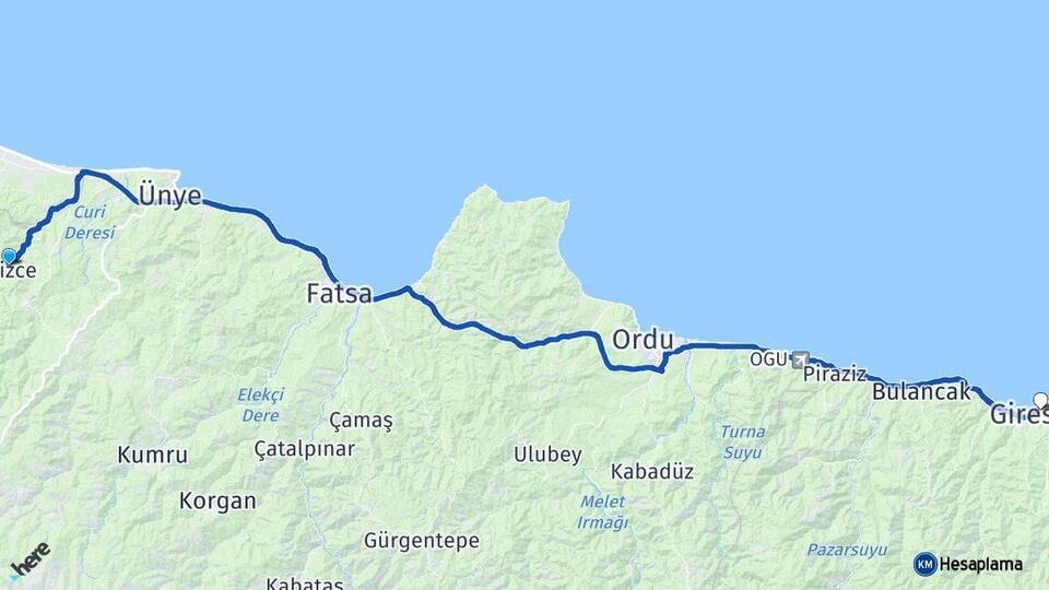 Ordu İkizce Giresun Arası Kaç Km - Yol Haritası