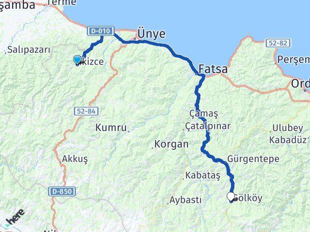 Ordu İkizce Gölköy Arası Kaç Km - Yol Haritası