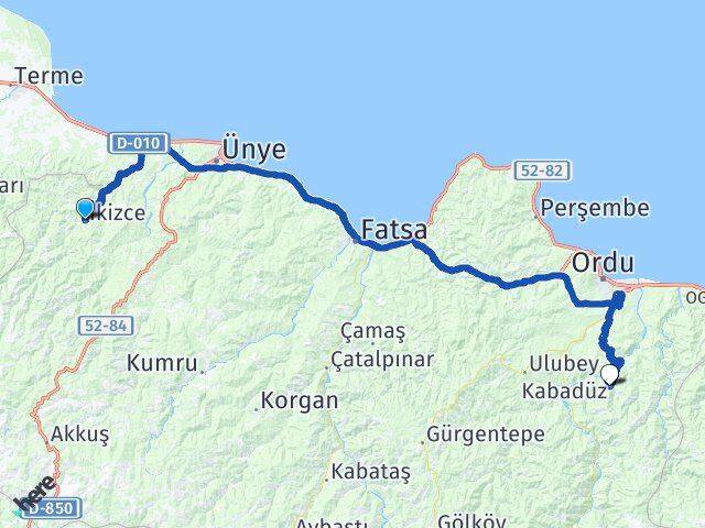 Ordu İkizce Kabadüz Arası Kaç Km - Yol Haritası