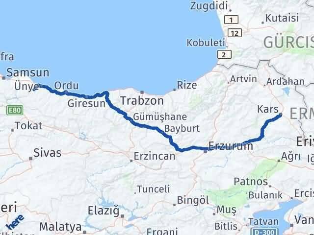 Ordu İkizce Kars Arası Kaç Km - Yol Haritası