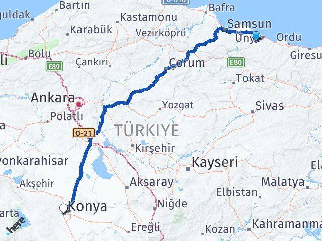 Ordu İkizce Konya Arası Kaç Km - Yol Haritası