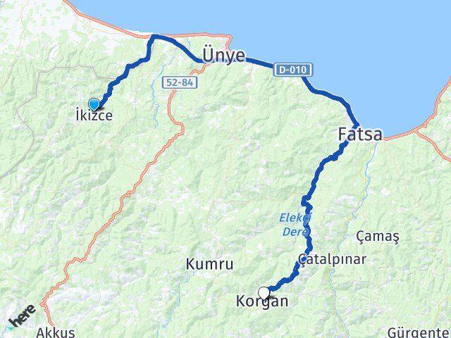 Ordu İkizce Korgan Arası Kaç Km - Yol Haritası