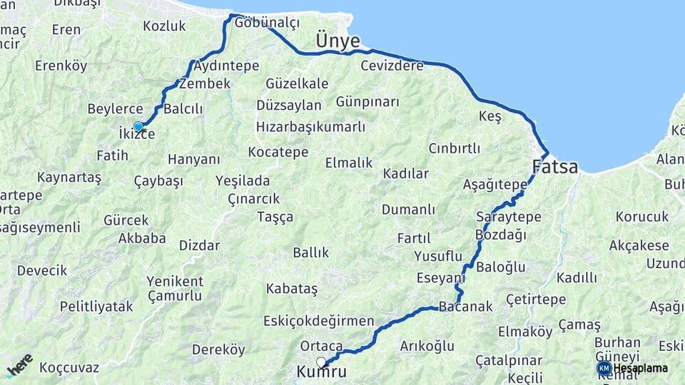 Ordu İkizce Kumru Arası Kaç Km - Yol Haritası
