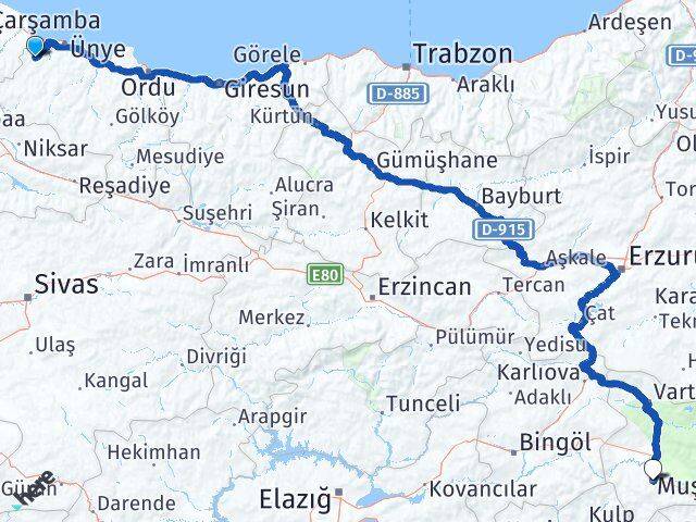 Ordu İkizce Muş Arası Kaç Km - Yol Haritası