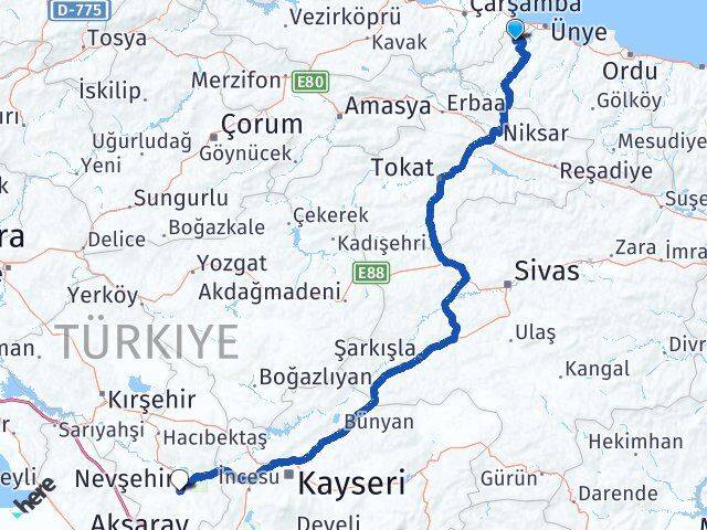 Ordu İkizce Nevşehir Arası Kaç Km - Yol Haritası