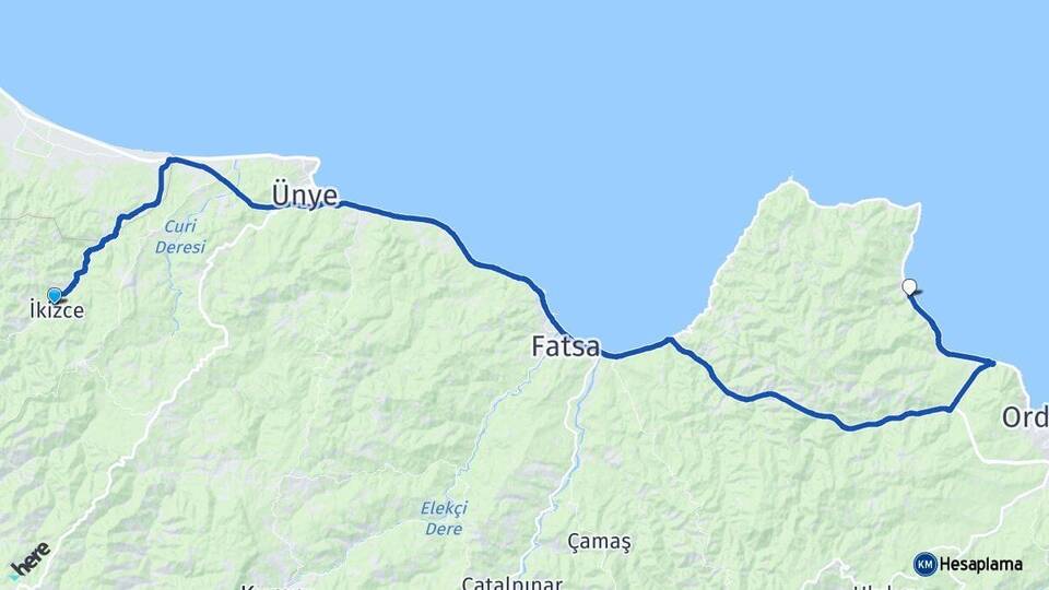 Ordu İkizce Perşembe Arası Kaç Km - Yol Haritası