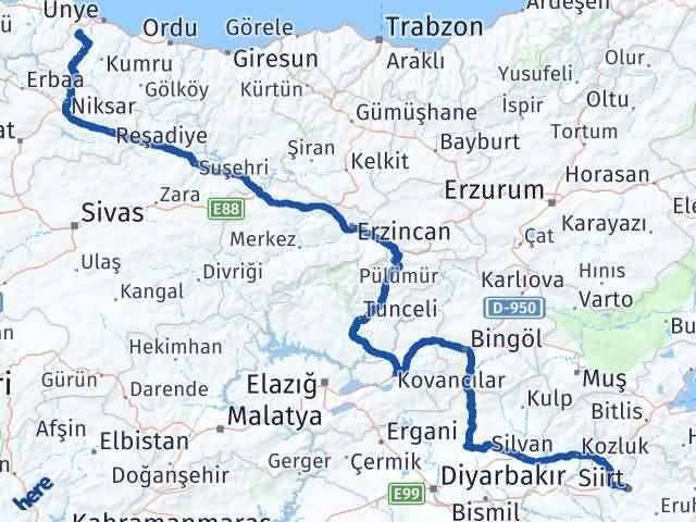 Ordu İkizce Siirt Arası Kaç Km - Yol Haritası