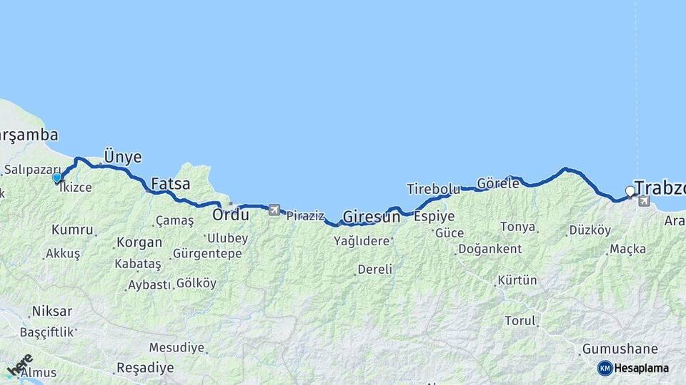 Ordu İkizce Trabzon Arası Kaç Km - Yol Haritası