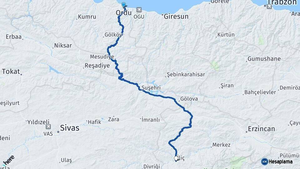 Ordu İliç Erzincan Arası Kaç Km - Yol Haritası