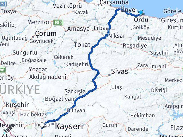 Ordu İncesu Kayseri Arası Kaç Km - Yol Haritası