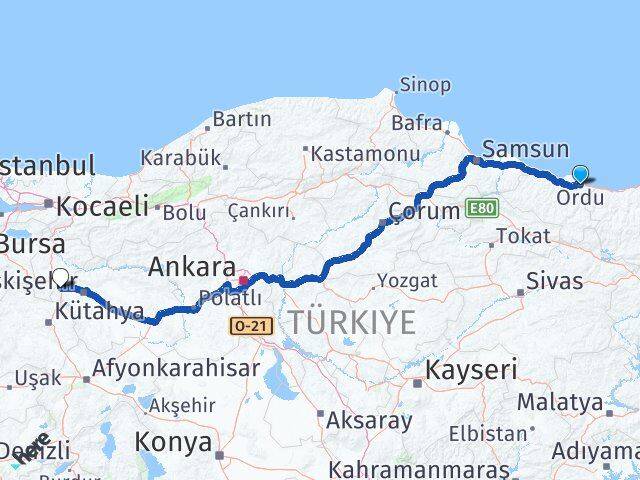 Ordu İnönü Eskişehir Arası Kaç Km - Yol Haritası
