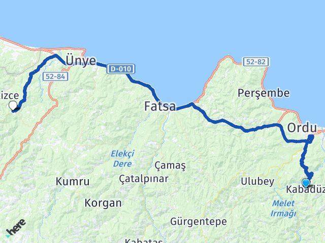 Ordu Kabadüz Çaybaşı Arası Kaç Km - Yol Haritası