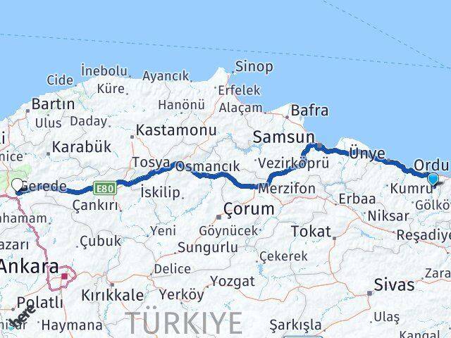 Ordu Kabadüz Gerede Bolu Arası Kaç Km - Yol Haritası
