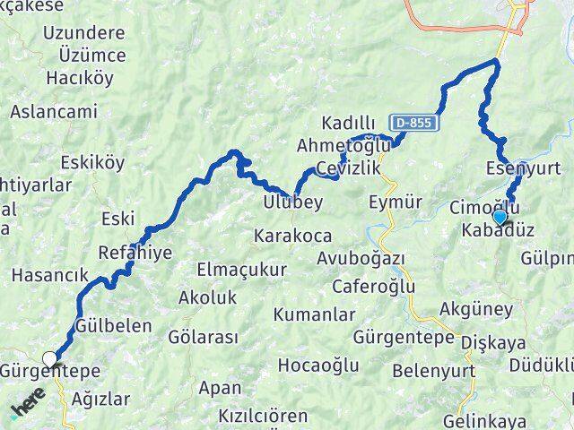 Ordu Kabadüz Gürgentepe Arası Kaç Km - Yol Haritası