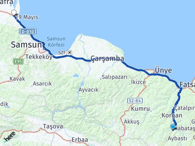 Ordu Kabataş 19 Mayıs Samsun Arası Kaç Km - Yol Haritası