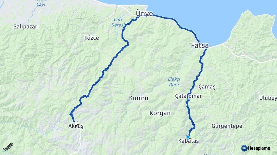 Ordu Kabataş Akkuş Arası Kaç Km - Yol Haritası