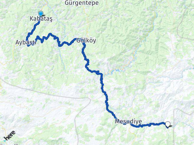 Ordu Kabataş Arıkmusa Mesudiye Arası Kaç Km - Yol Haritası