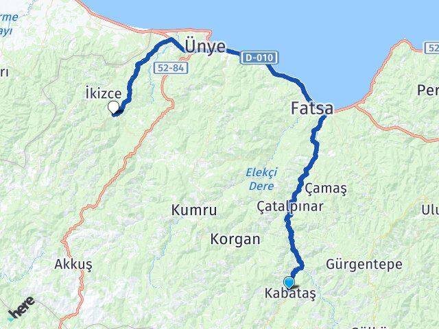 Ordu Kabataş Çaybaşı Arası Kaç Km - Yol Haritası