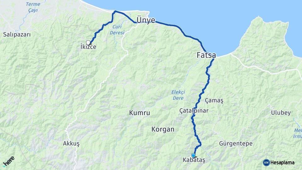 Ordu Kabataş İkizce Arası Kaç Km - Yol Haritası