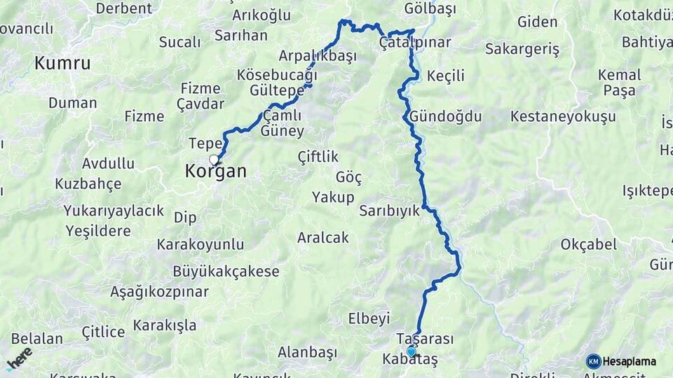 Ordu Kabataş Korgan Arası Kaç Km - Yol Haritası