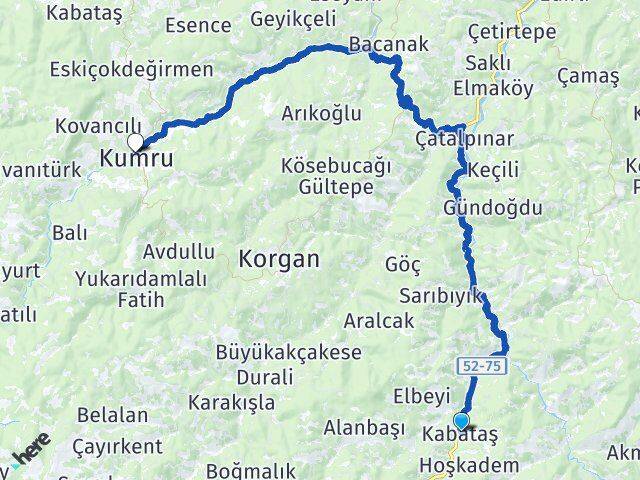 Ordu Kabataş Kumru Arası Kaç Km - Yol Haritası