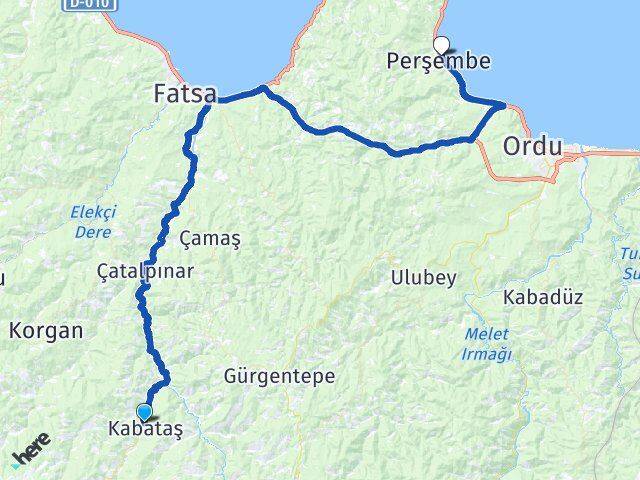 Ordu Kabataş Perşembe Arası Kaç Km - Yol Haritası
