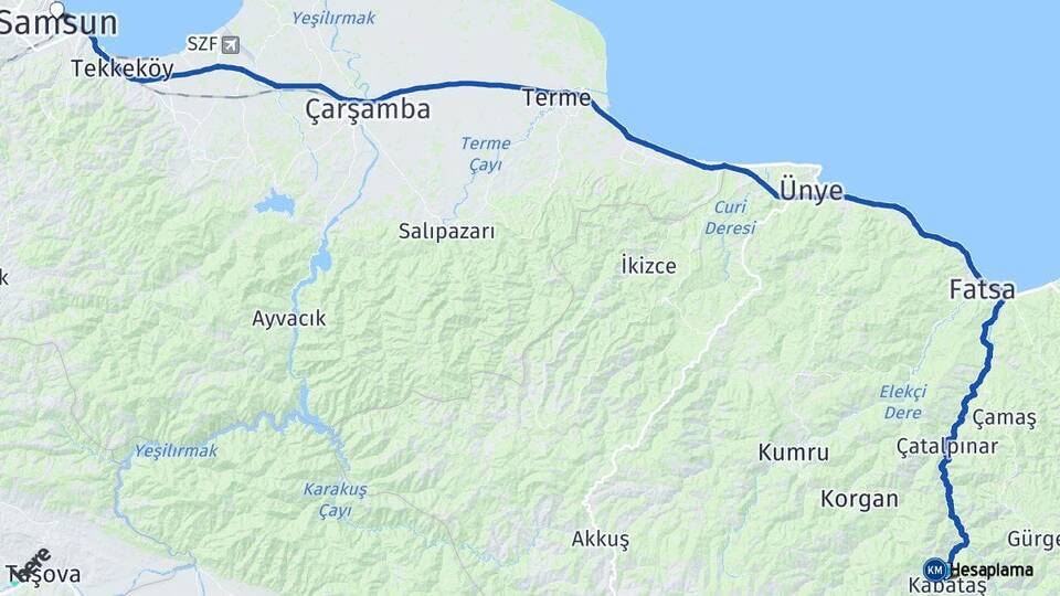 Ordu Kabataş Samsun Arası Kaç Km - Yol Haritası
