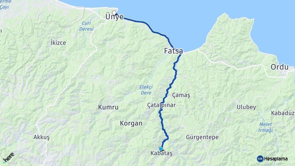 Ordu Kabataş Ünye Arası Kaç Km - Yol Haritası