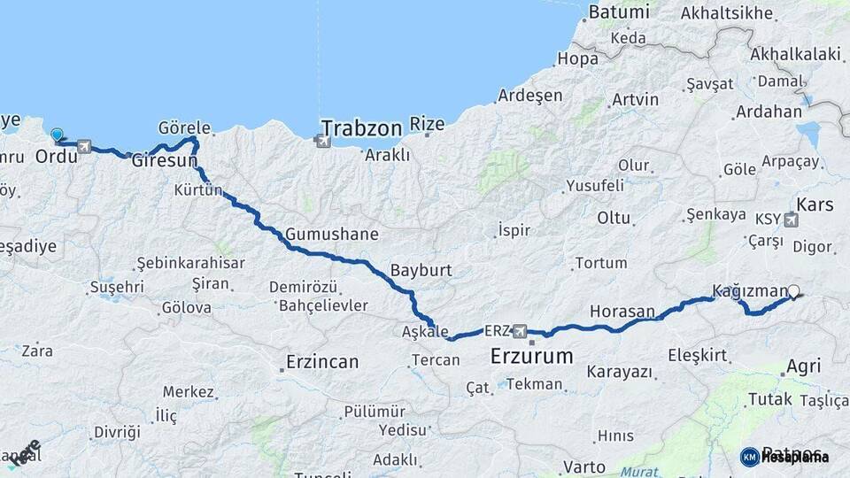 Ordu Kağızman Kars Arası Kaç Km - Yol Haritası