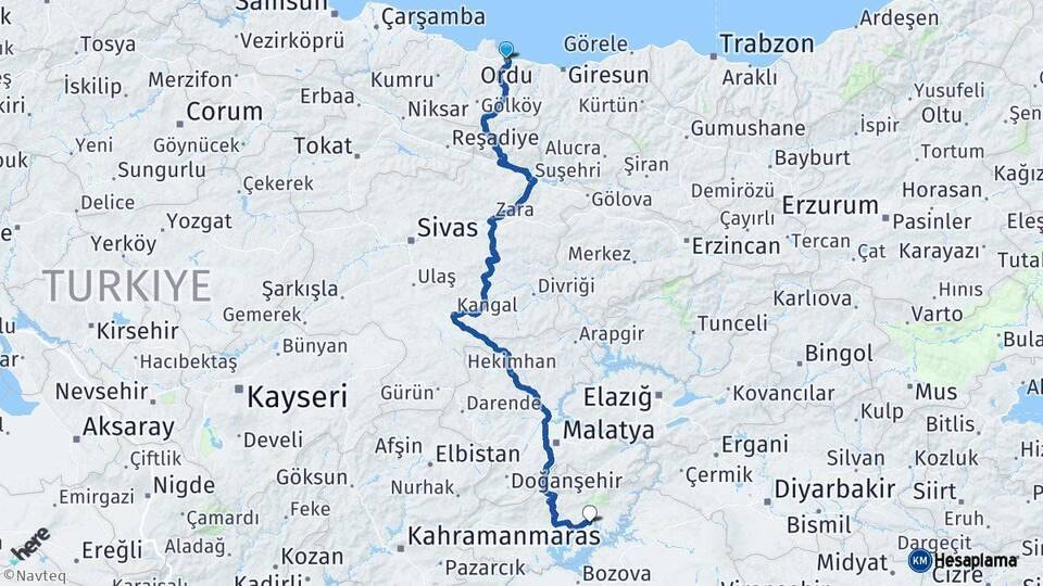 Ordu Kahta Adıyaman Arası Kaç Km - Yol Haritası