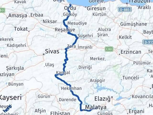 Ordu Kale Malatya Arası Kaç Km - Yol Haritası