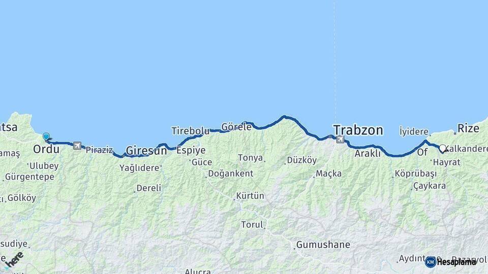 Ordu Kalkandere Rize Arası Kaç Km - Yol Haritası