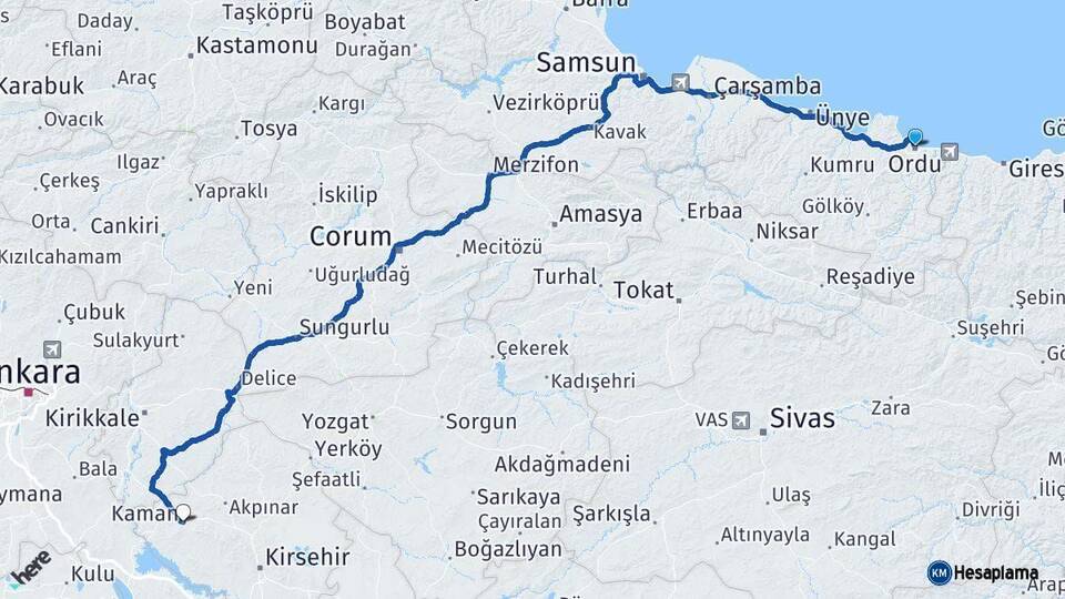 Ordu Kaman Kırşehir Arası Kaç Km - Yol Haritası