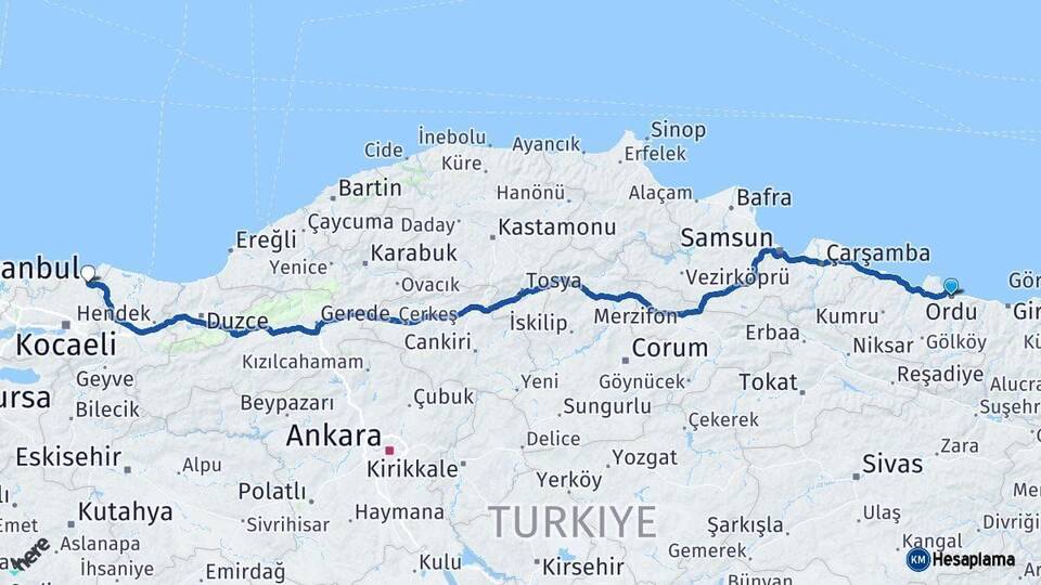 Ordu Kandıra Kocaeli Arası Kaç Km - Yol Haritası