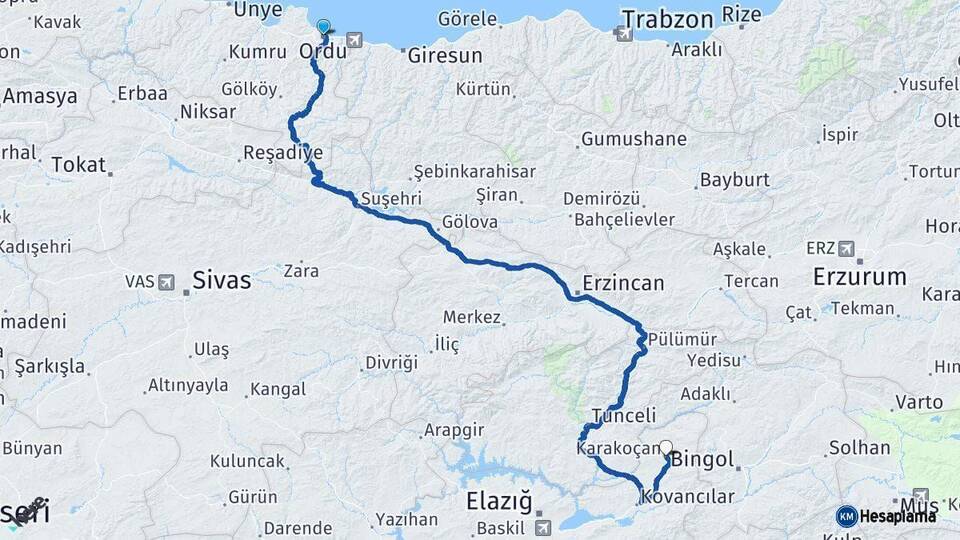 Ordu Karakoçan Elazığ Arası Kaç Km - Yol Haritası