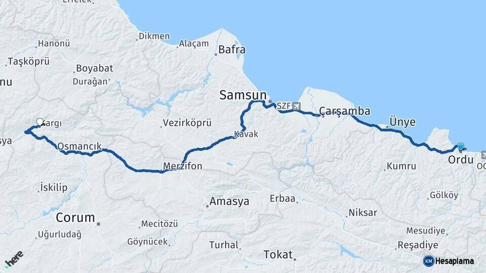 Ordu Kargı Çorum Arası Kaç Km - Yol Haritası