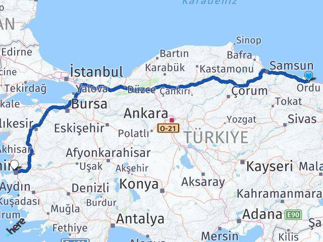 Ordu Karşıyaka İzmir Arası Kaç Km - Yol Haritası