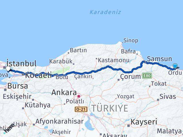 Ordu Kartal İstanbul Arası Kaç Km - Yol Haritası