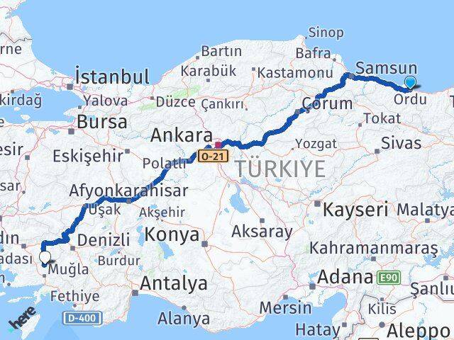 Ordu Kavaklıdere Muğla Arası Kaç Km - Yol Haritası
