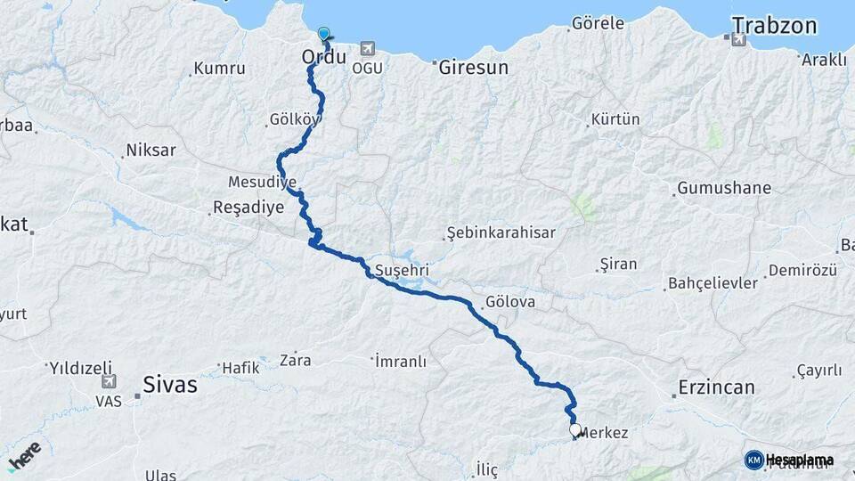 Ordu Kemah Erzincan Arası Kaç Km - Yol Haritası
